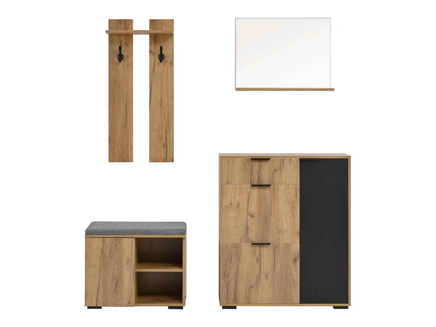 Conjunto de vestiário de entrada 4 peças - móvel de sapatos e banco de sapatos - espelho e cabideiro - Natural + Preto