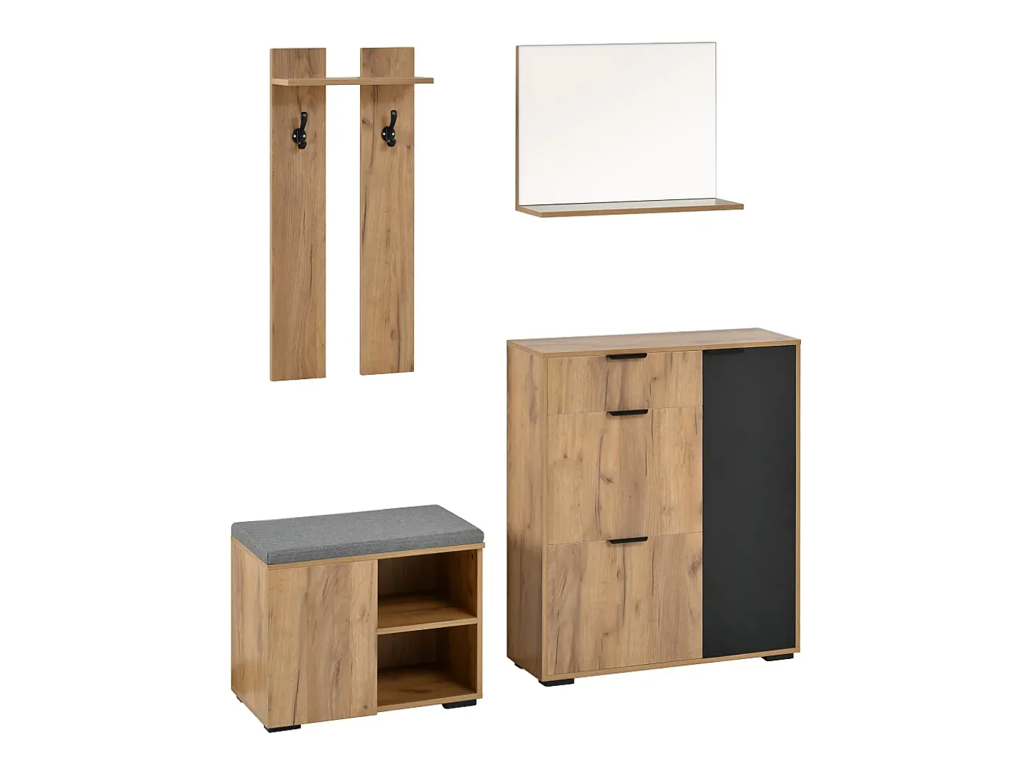 Conjunto de vestiário de entrada 4 peças - móvel de sapatos e banco de sapatos - espelho e cabideiro - Natural + Preto