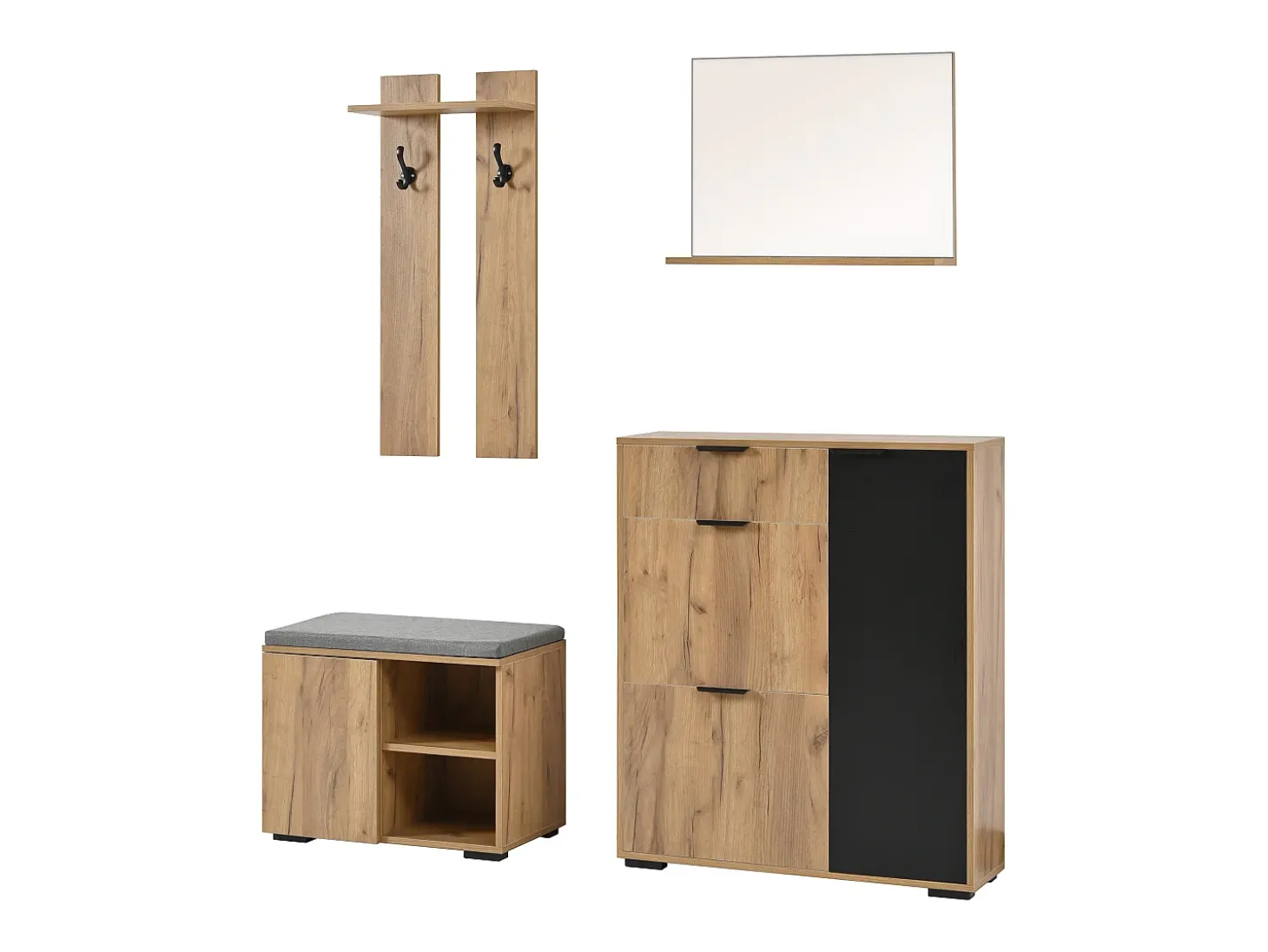 Conjunto de vestiário de entrada 4 peças - móvel de sapatos e banco de sapatos - espelho e cabideiro - Natural + Preto