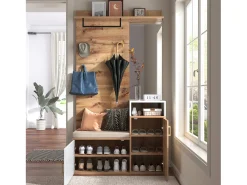 Conjunto de Vestuário Moderno com Cabide, Banco de Sapatos e Espelho - Branco & Natural
