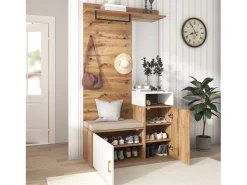 Conjunto de Vestuário Moderno com Cabide, Banco de Sapatos e Espelho - Branco & Natural