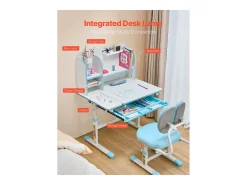 Conjunto Escrivaninha e Cadeira para Crianças SucceBuy, Altura Ajustável com Estante e Gaveta, Azul