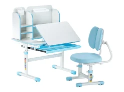 Conjunto Escrivaninha e Cadeira para Crianças SucceBuy, Altura Ajustável com Estante e Gaveta, Azul