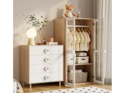 Conjunto guarda-roupa 2 peças - guarda-roupa + mesa de cabeceira - 4 gavetas e 2 portas - branco + natural