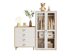 Conjunto guarda-roupa 2 peças - guarda-roupa + mesa de cabeceira - 4 gavetas e 2 portas - branco + natural