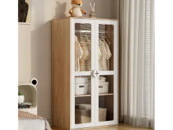 Conjunto guarda-roupa 2 peças - guarda-roupa + mesa de cabeceira - 4 gavetas e 2 portas - branco + natural