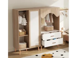 Conjunto guarda-roupa infantil - guarda-roupa com portas de correr + guarda-roupa aberto - pés de madeira maciça - branco + natural