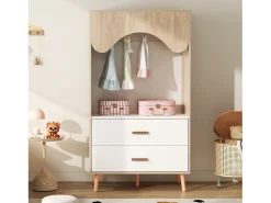 Conjunto guarda-roupa infantil - guarda-roupa com portas de correr + guarda-roupa aberto - pés de madeira maciça - branco + natural