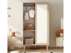 Conjunto guarda-roupa infantil - guarda-roupa com portas de correr + guarda-roupa aberto - pés de madeira maciça - branco + natural