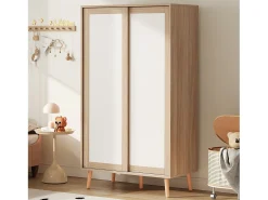 Conjunto guarda-roupa infantil - guarda-roupa com portas de correr + guarda-roupa aberto - pés de madeira maciça - branco + natural