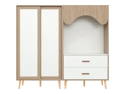 Conjunto guarda-roupa infantil - guarda-roupa com portas de correr + guarda-roupa aberto - pés de madeira maciça - branco + natural