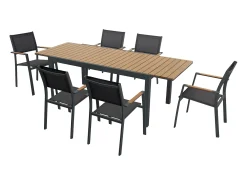 Conjunto jantar jardim extensível alu. polywood C170/230cm + 6 cadeirões antracite MACILA