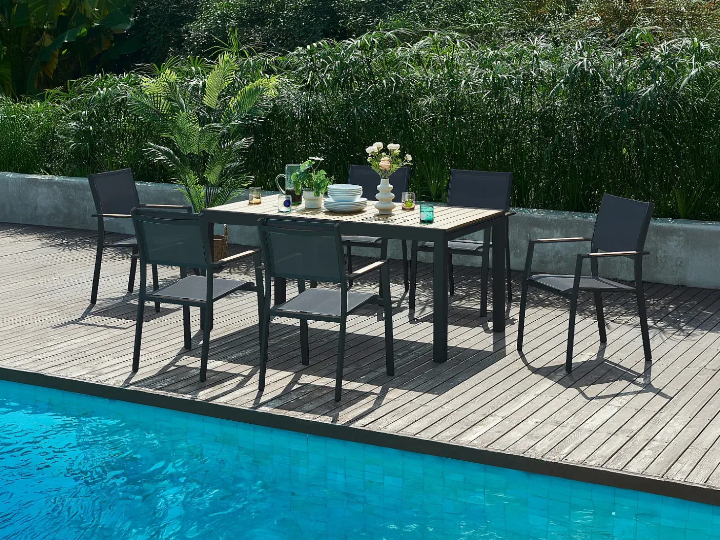 Conjunto jantar jardim extensível alu. polywood C170/230cm + 6 cadeirões antracite MACILA