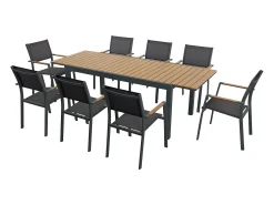 Conjunto jantar jardim extensível alu. polywood C170/230cm + 8 cadeirões antracite MACILA