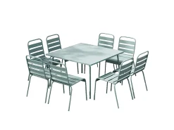 Conjunto jantar jardim metal mesa C120 cm e 8 cadeiras empilháveis verde amêndoa MIRMANDE