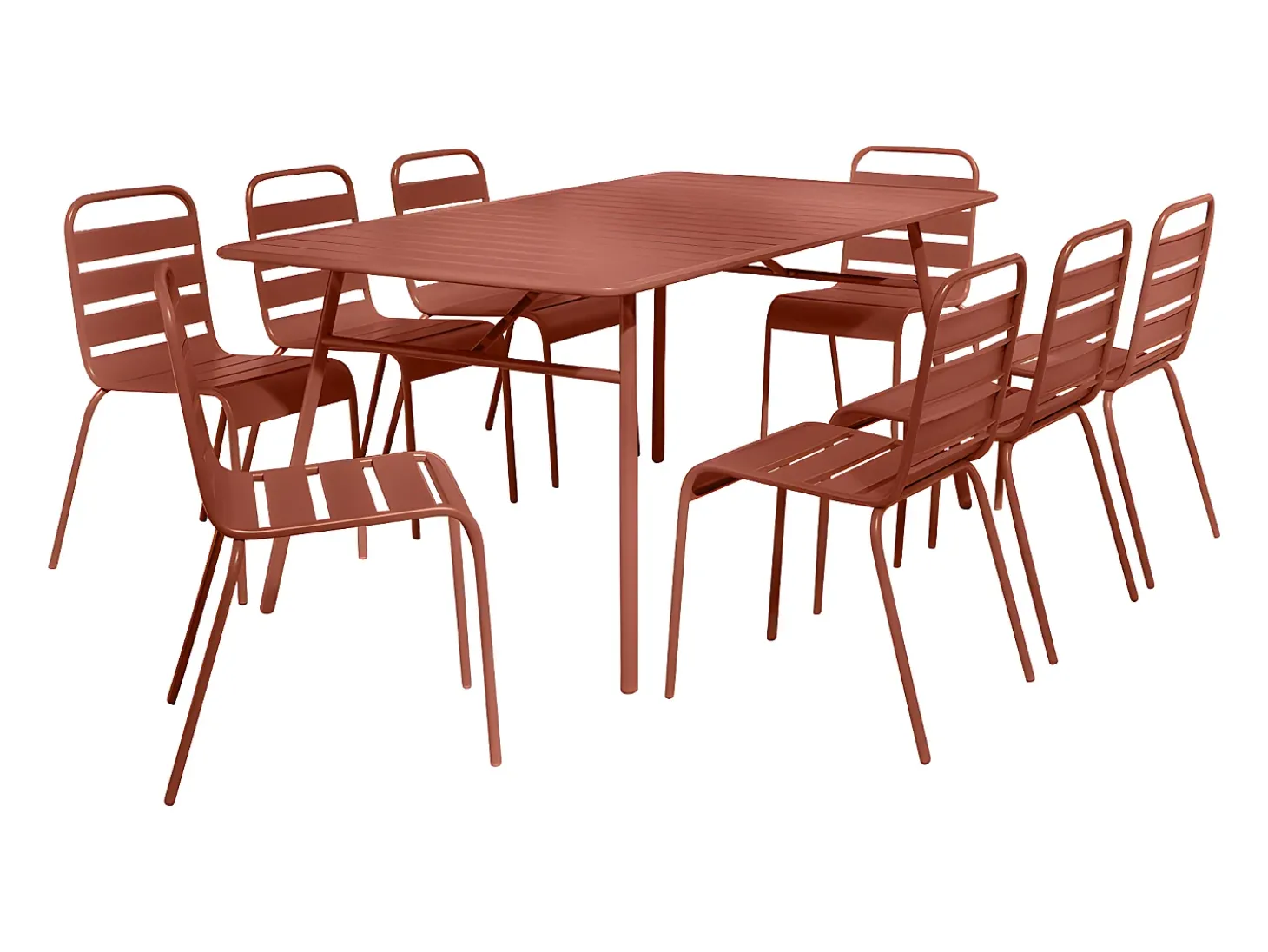 Conjunto jantar jardim metal mesa e 8 cadeiras empilháveis terracota MIRMANDE de MYLIA