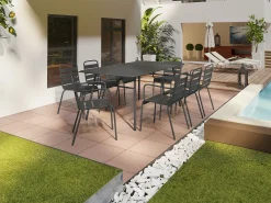 Conjunto jantar jardim metal mesa e 8 cadeirões empilháveis cinzento antracite MIRMANDE de MYLIA