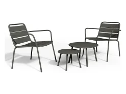 Conjunto jardim metal, 2 cadeirões baixos empilháveis e mesas de encaixar cinzento antracite