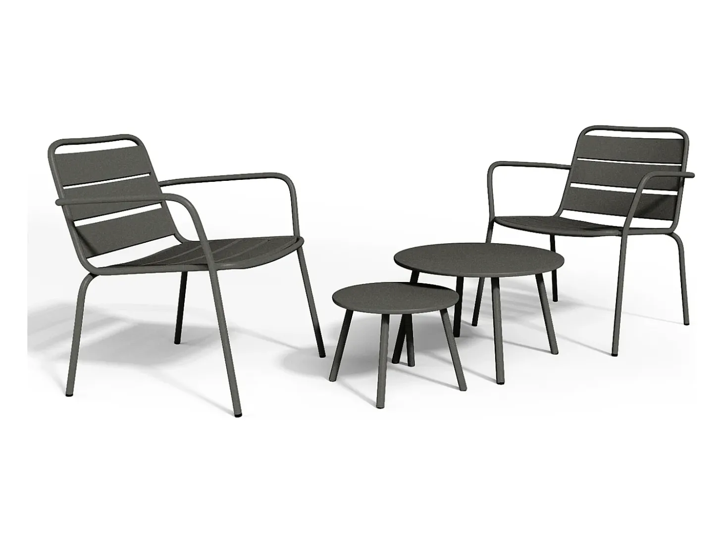 Conjunto jardim metal, 2 cadeirões baixos empilháveis e mesas de encaixar cinzento antracite