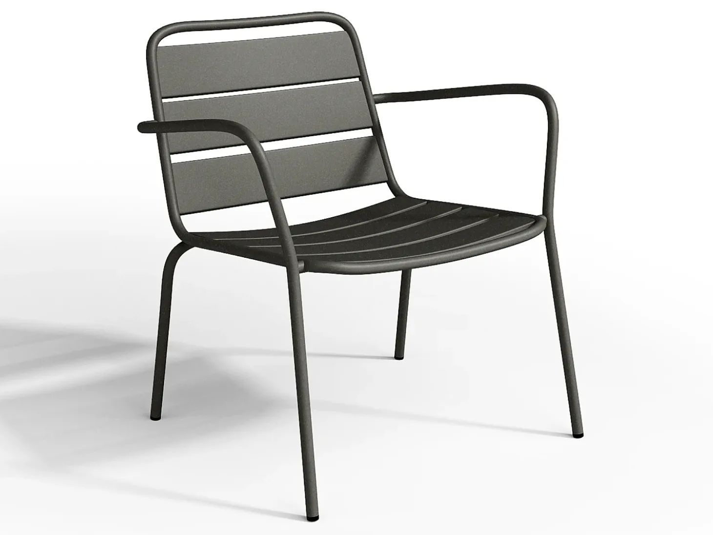 Conjunto jardim metal, 2 cadeirões baixos empilháveis e mesas de encaixar cinzento antracite