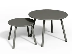 Conjunto jardim metal, 2 cadeirões baixos empilháveis e mesas de encaixar cinzento antracite