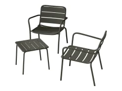 Conjunto jardim metal cinzento antracite: 2 cadeirões baixos empilháveis e mesa apoio quadrada