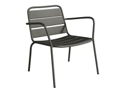 Conjunto jardim metal cinzento antracite: 2 cadeirões baixos empilháveis e mesa apoio quadrada