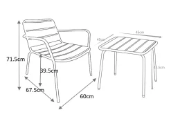 Conjunto jardim metal cinzento antracite: 2 cadeirões baixos empilháveis e mesa apoio quadrada