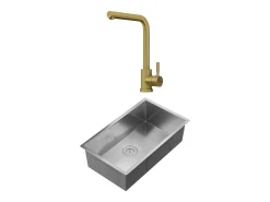 Conjunto lava-loiça 76x45 cm SOELA + torneira ROFILA aço inoxidável cinza e dourado