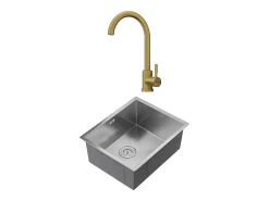Conjunto lava-loiça 55x45 cm SOELA + torneira ROMILY em aço inoxidável cinza e dourado