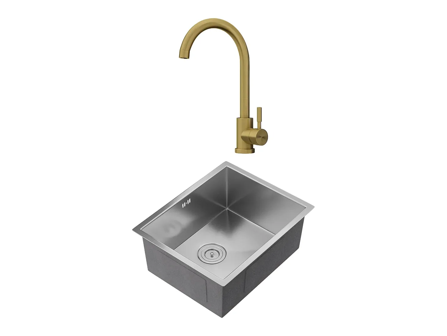Conjunto lava-loiça 55x45 cm SOELA + torneira ROMILY em aço inoxidável cinza e dourado