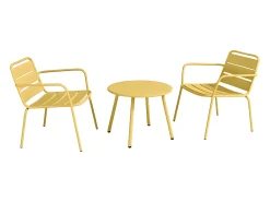 Conjunto lazer jardim metal, 2 cadeirões baixos e mesa de apoio amarelo mostarda MIRMANDE