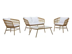 Conjunto lazer jardim resina entrançada sofá 2 l., 2 cadeirões e mesa centro natural claro
