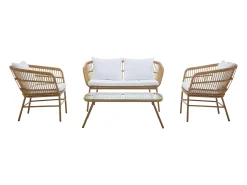 Conjunto lazer jardim resina entrançada sofá 2 l., 2 cadeirões e mesa centro natural claro
