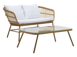 Conjunto lazer jardim resina entrançada sofá 2 lugares e mesa centro natural claro LOUSINI