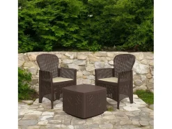 Conjunto lounge ao ar livre Dakain, Conjunto de jardim com 2 poltronas e 1 mesa de armazenamento, Lounge com efeito Rattan, 100% Fabricado na Itália, Marrom