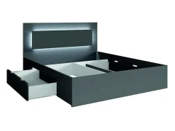 Conjunto quarto adulto NOFI cinza grafite 140x200 cm com cama, estrado, 2 gavetas, mesas de cabeceira, roupeiro de 4 portas e cómoda