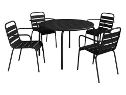 Conjunto sala jantar jardim metal, mesa D110 cm e 4 cadeirões empilháveis preto MIRMANDE