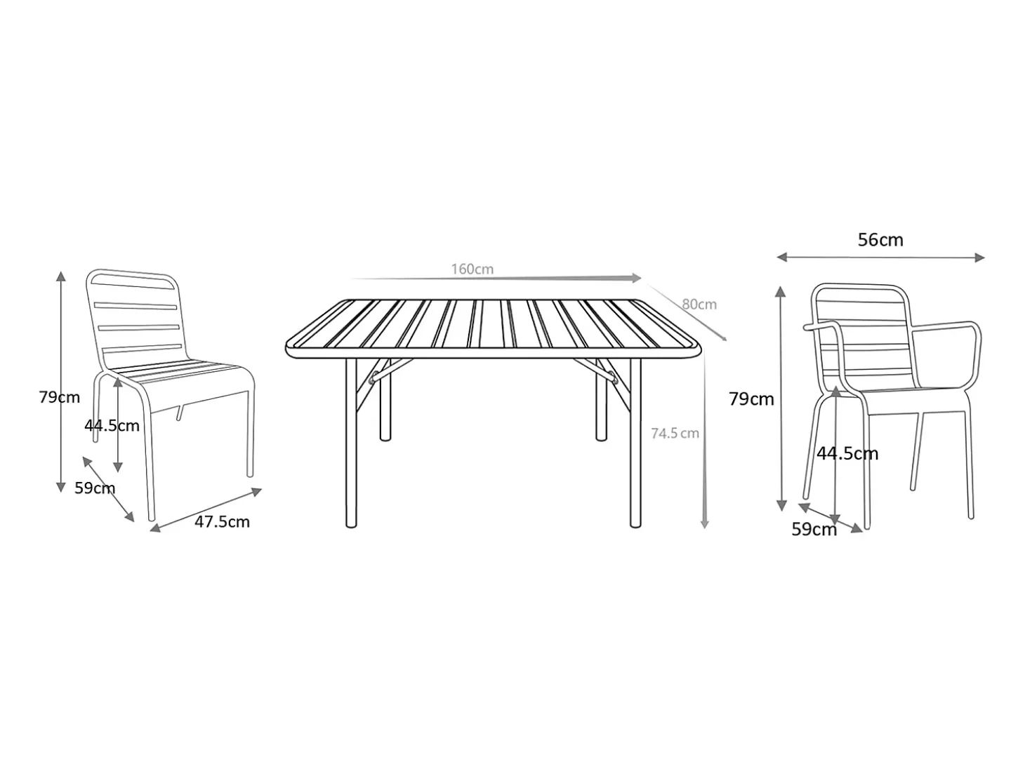 Conjunto sala jantar metal mesa C160 cm, 2 cadeirões e 2 cadeiras preto MIRMANDE
