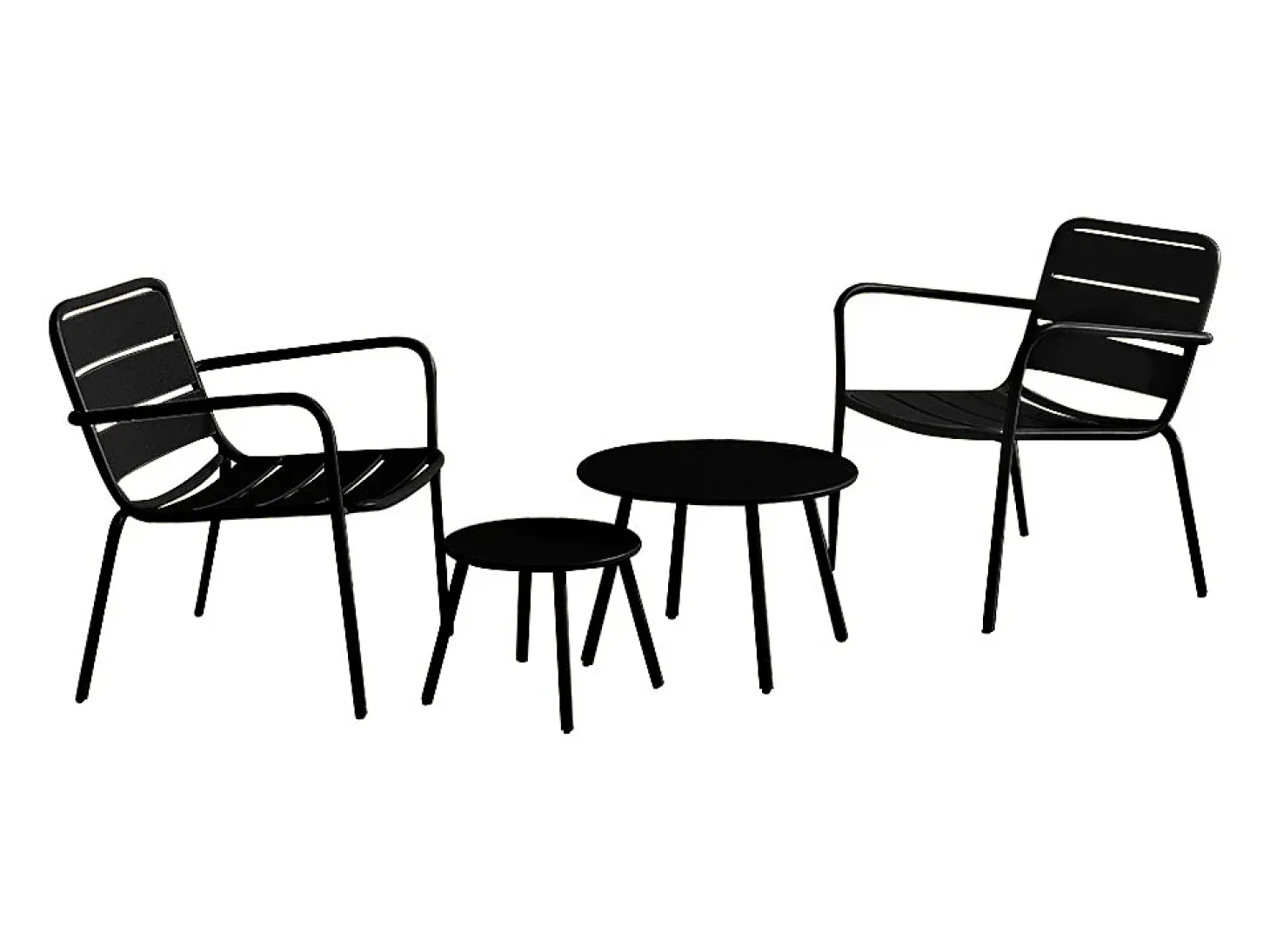 Conjunto sala jardim metal, 2 cadeirões baixos e mesas encaixar preto MIRMANDE