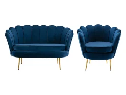 Conjunto sofá de 2 lugares e poltrona concha em veludo azul-escuro DANDELION