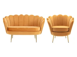 Conjunto sofá de 2 lugares e poltrona concha em veludo amarelo-mostarda DANDELION