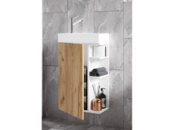 Conjunto VCM de 2 peças | Lavandaria para hóspedes WC | Banheiro | Lavatório | Móveis de casa de banho Conjunto de casa de banho – Lumia (Branco / Carvalho de mel)