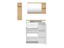 Conjunto vestiário de entrada 105x25x151,5cm - con LED - con 3 portas e 1 gaveta - con espelho e móvel para sapatos - Branco + Natural