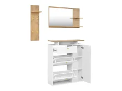 Conjunto vestiário de entrada 105x25x151,5cm - con LED - con 3 portas e 1 gaveta - con espelho e móvel para sapatos - Branco + Natural