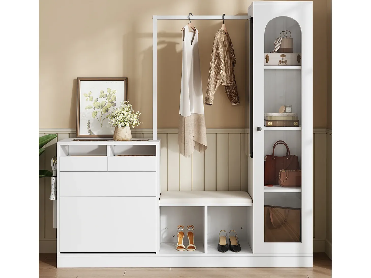 Conjunto vestiário de entrada 163×35×161 cm - com cabideiro e espelho - banco e móvel para sapatos - com iluminação LED - Branco