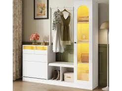 Conjunto vestiário de entrada 163×35×161 cm - com cabideiro e espelho - banco e móvel para sapatos - com iluminação LED - Branco