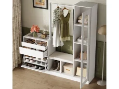 Conjunto vestiário de entrada 163×35×161 cm - com cabideiro e espelho - banco e móvel para sapatos - com iluminação LED - Branco