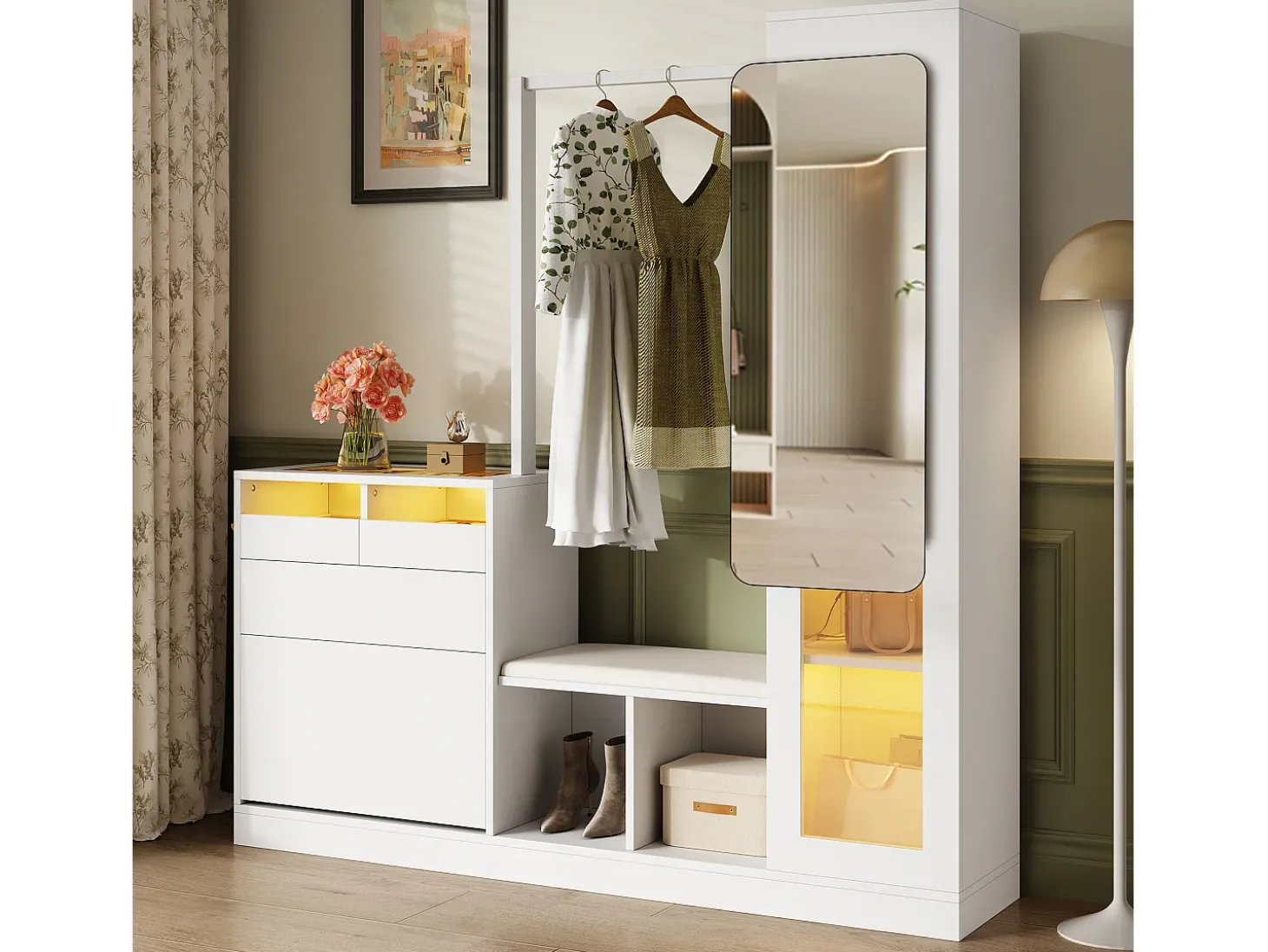 Conjunto vestiário de entrada 163×35×161 cm - com cabideiro e espelho - banco e móvel para sapatos - com iluminação LED - Branco