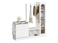 Conjunto vestiário de entrada 163×35×161 cm - com cabideiro e espelho - banco e móvel para sapatos - com iluminação LED - Branco